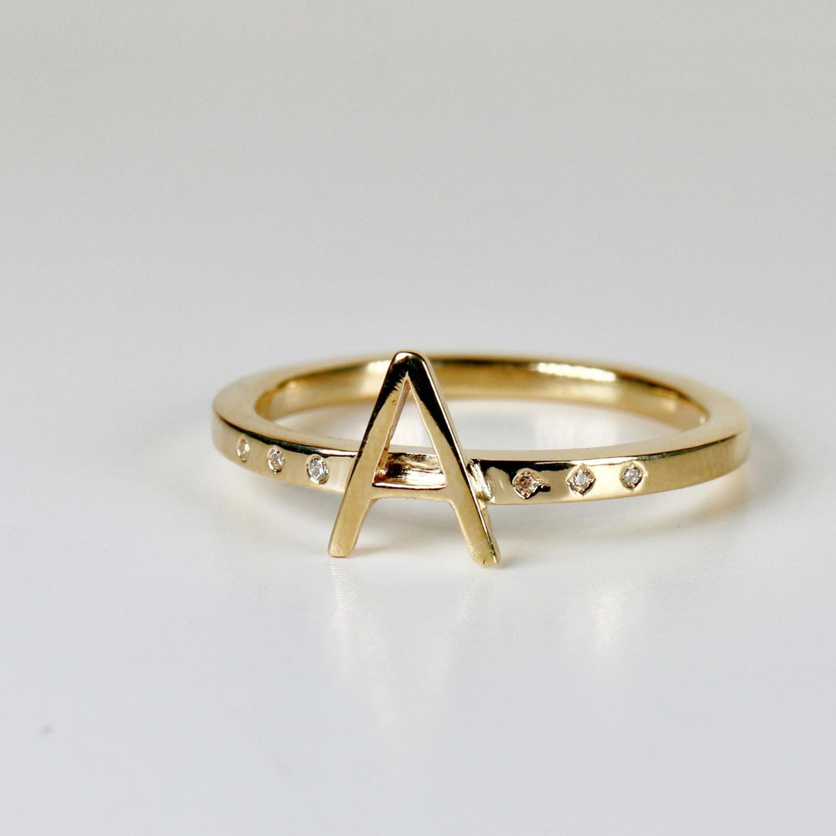 14k Gold Diamond Initial Ring, Personalized Square Band Monogram Ring - Melt'm Jewelry