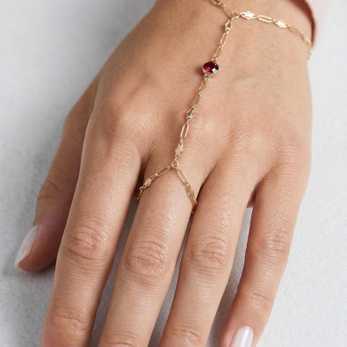 Gold Slave Bracelet, Garnet Hand Chain Bracelet - Melt'm Jewelry