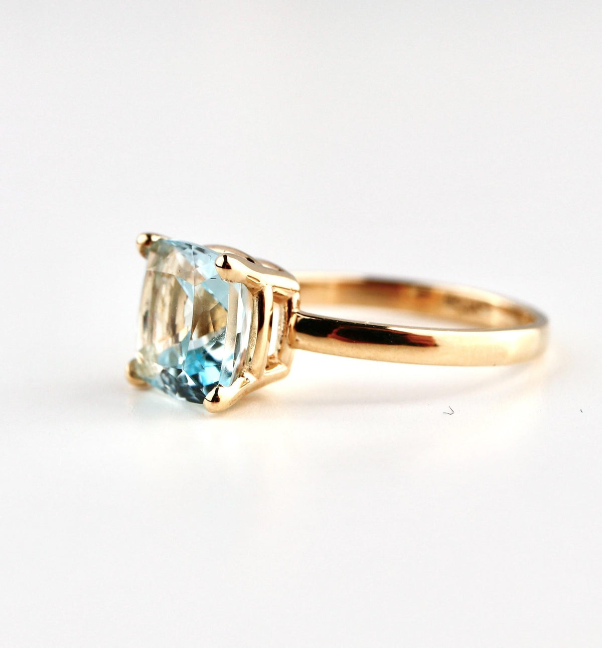 Cushion Cut Aquamarine Solitaire Ring, 2.3 Carat 8mm March Birthstone in 14K Gold, Four Prong Basket Setting - Melt'm Jewelry