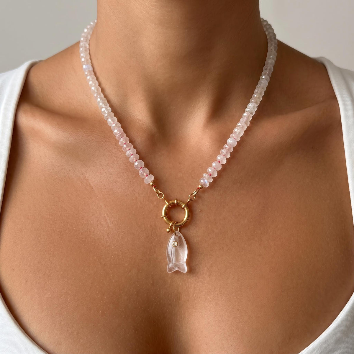 Hand Knotted Rondelle Moonstone Necklace on Rainbow Silk, Gold Filled Figure Eight Charm Holder - Melt'm Jewelry