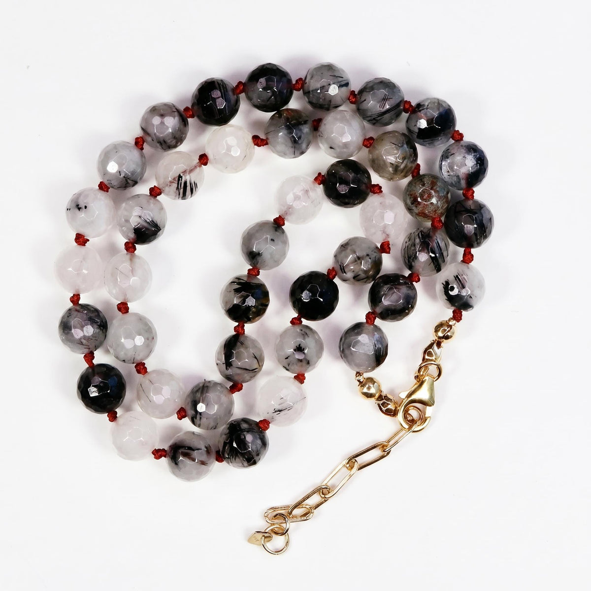 Black Rutilated Quartz Necklace, Hand Knotted Red Silk Strand, Gold Filled Clasp and Extender, 17 Inch - Melt'm Jewelry