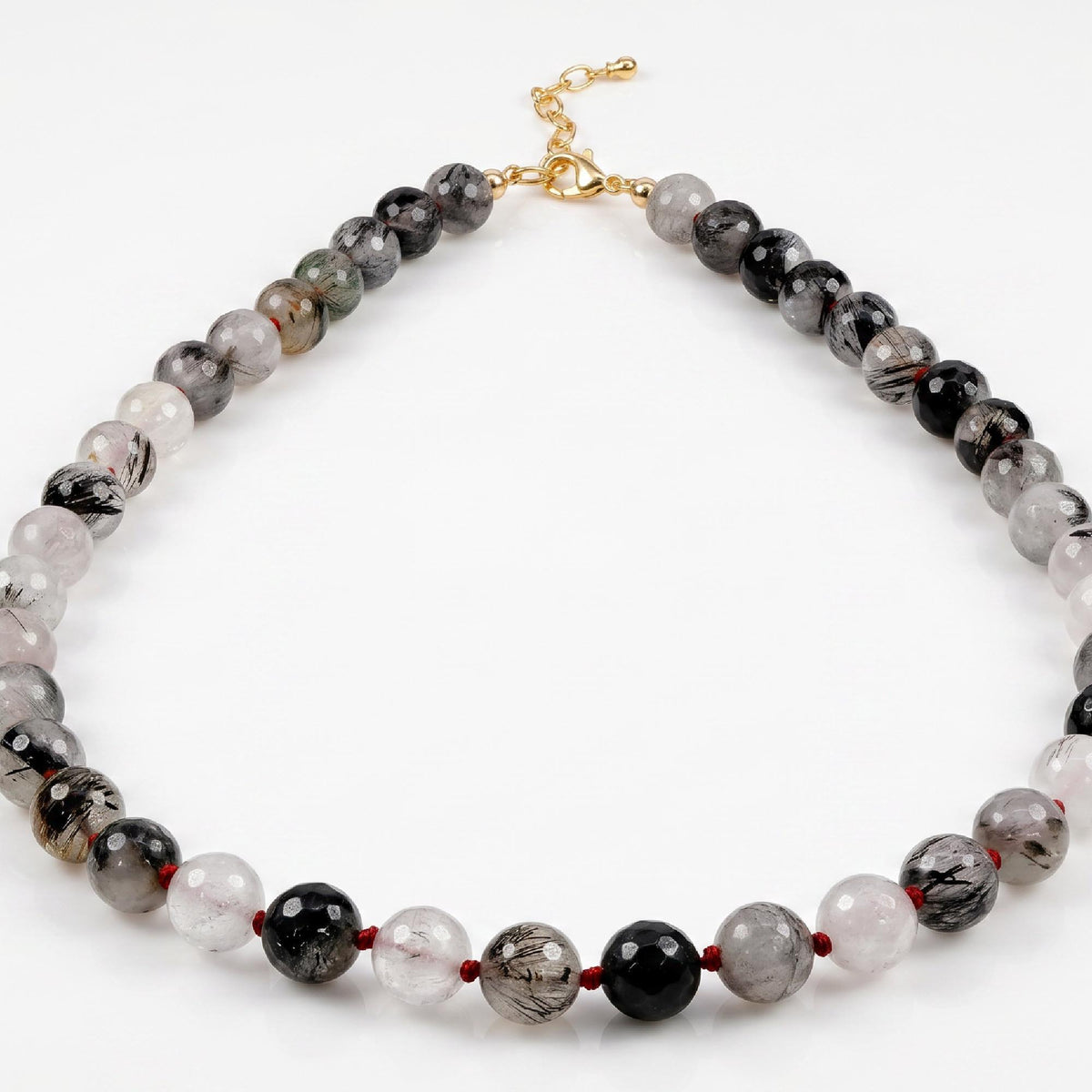 Black Rutilated Quartz Necklace, Hand Knotted Red Silk Strand, Gold Filled Clasp and Extender, 17 Inch - Melt'm Jewelry