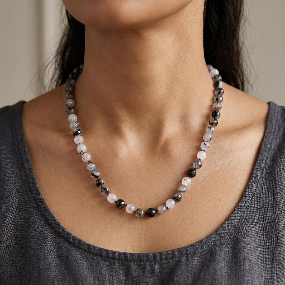 Black Rutilated Quartz Necklace, Hand Knotted Red Silk Strand, Gold Filled Clasp and Extender, 17 Inch - Melt'm Jewelry