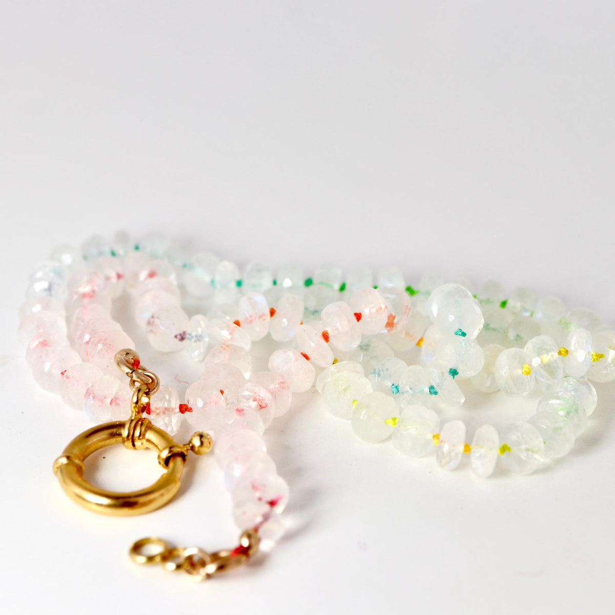 Hand Knotted Rondelle Moonstone Necklace on Rainbow Silk, Gold Filled Figure Eight Charm Holder