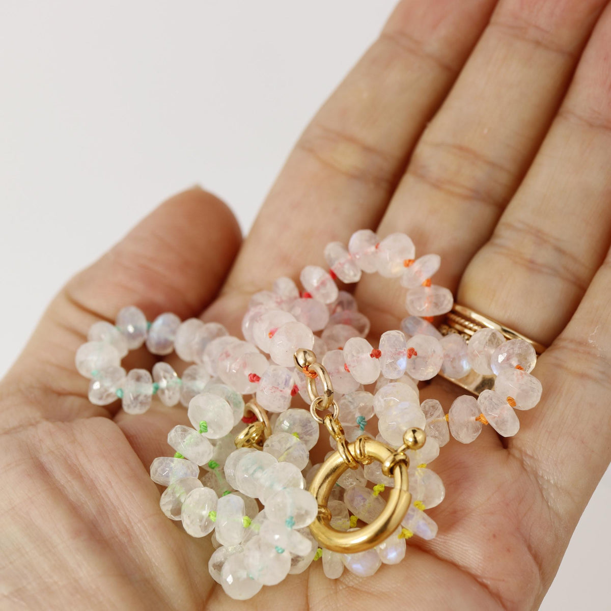 Hand Knotted Rondelle Moonstone Necklace on Rainbow Silk, Gold Filled Figure Eight Charm Holder - Melt'm Jewelry