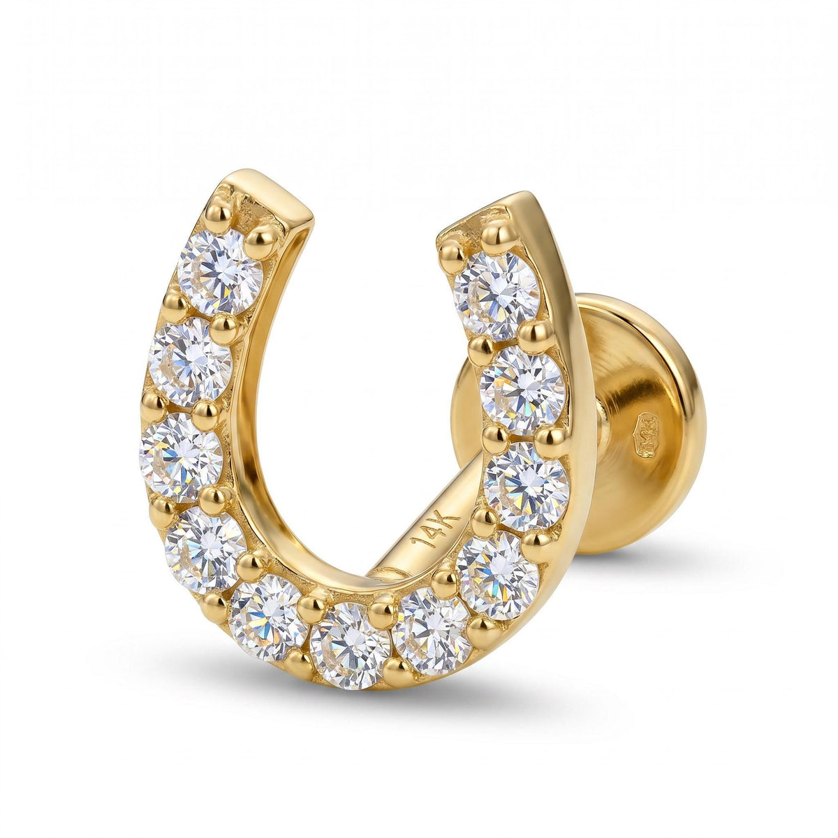 Cz Horseshoe Earring 14k Solid Gold (SINGLE), Internally Threaded Flat Back Cartilage Earring - Melt'm Jewelry