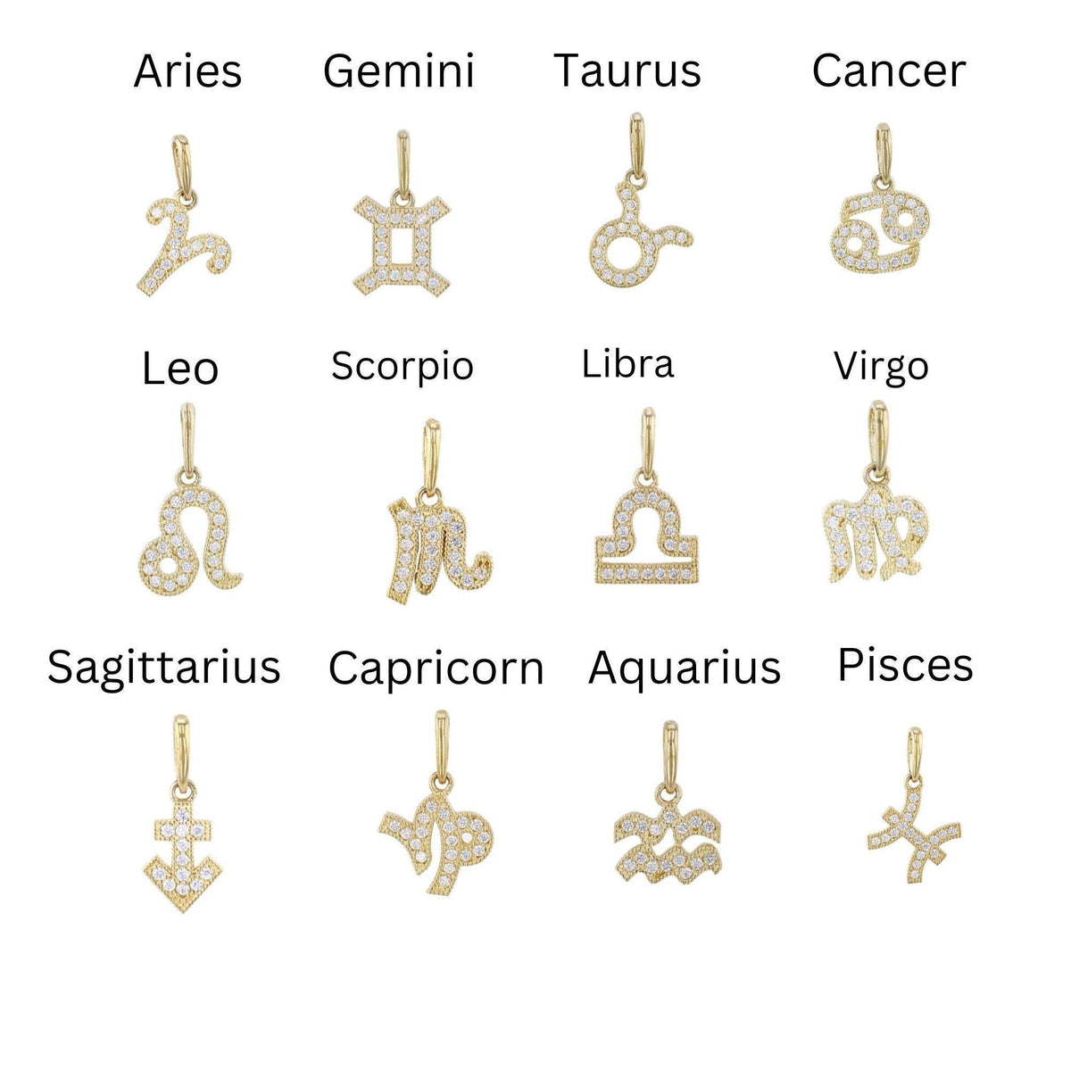 A product chart displays twelve gold zodiac sign charms set with pavé diamonds, each labeled with its astrological name.
