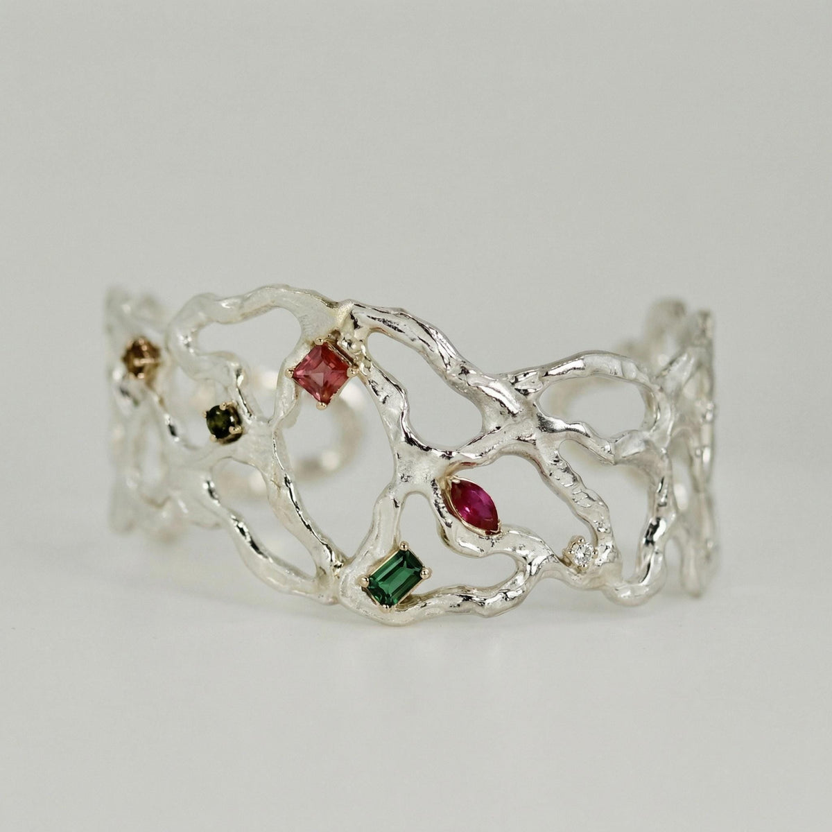 Multi-Gem Gemstone Cuff Bracelet in Sterling Silver and 14k Gold Set- One of A Kind - Melt'm Jewelry