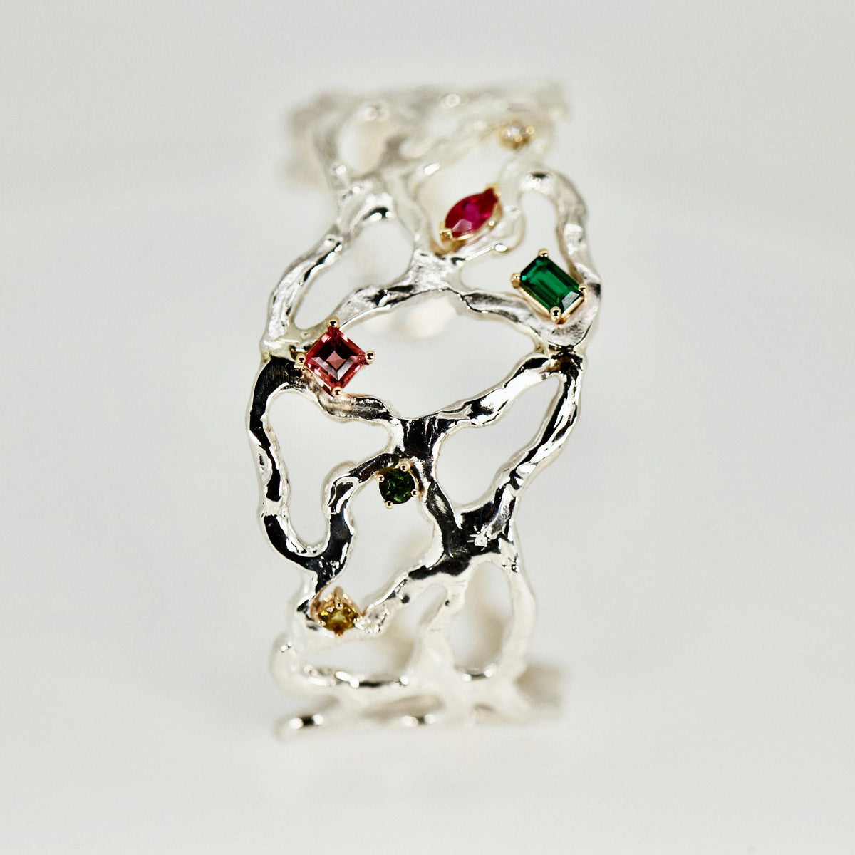 Multi-Gem Gemstone Cuff Bracelet in Sterling Silver and 14k Gold Set- One of A Kind - Melt'm Jewelry