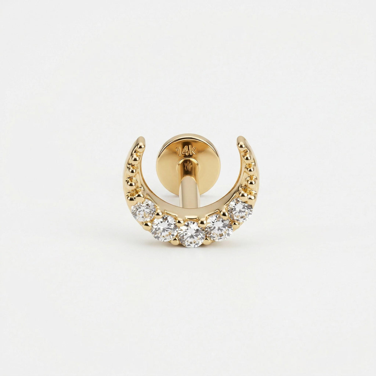 Cz Crescent Moon Earring 14k Solid Gold (SINGLE), Internally Threaded Flat Back Cartilage Earring - Melt'm Jewelry