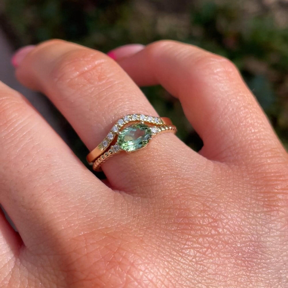 Diamond &amp; Oval Tourmaline Engagement Ring - Melt'm Jewelry