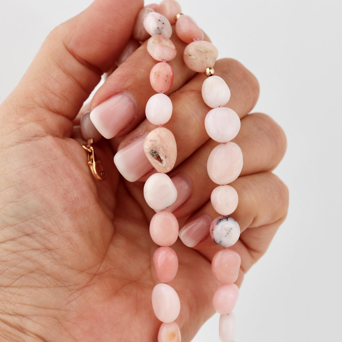 Pink Opal Necklace, Hand Knotted Silk Gemstone Necklace, Natural Pink Opal Pebble Beads, Gold Filled Necklace, October Birthstone Jewelry