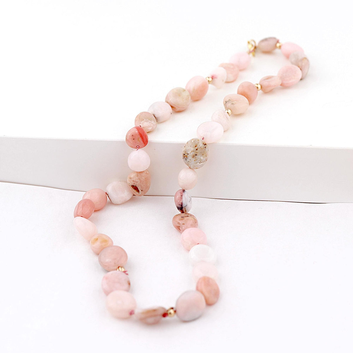 Pink Opal Necklace, Hand Knotted Silk Gemstone Necklace, Natural Pink Opal Pebble Beads, Gold Filled Necklace, October Birthstone Jewelry - Melt'm Jewelry