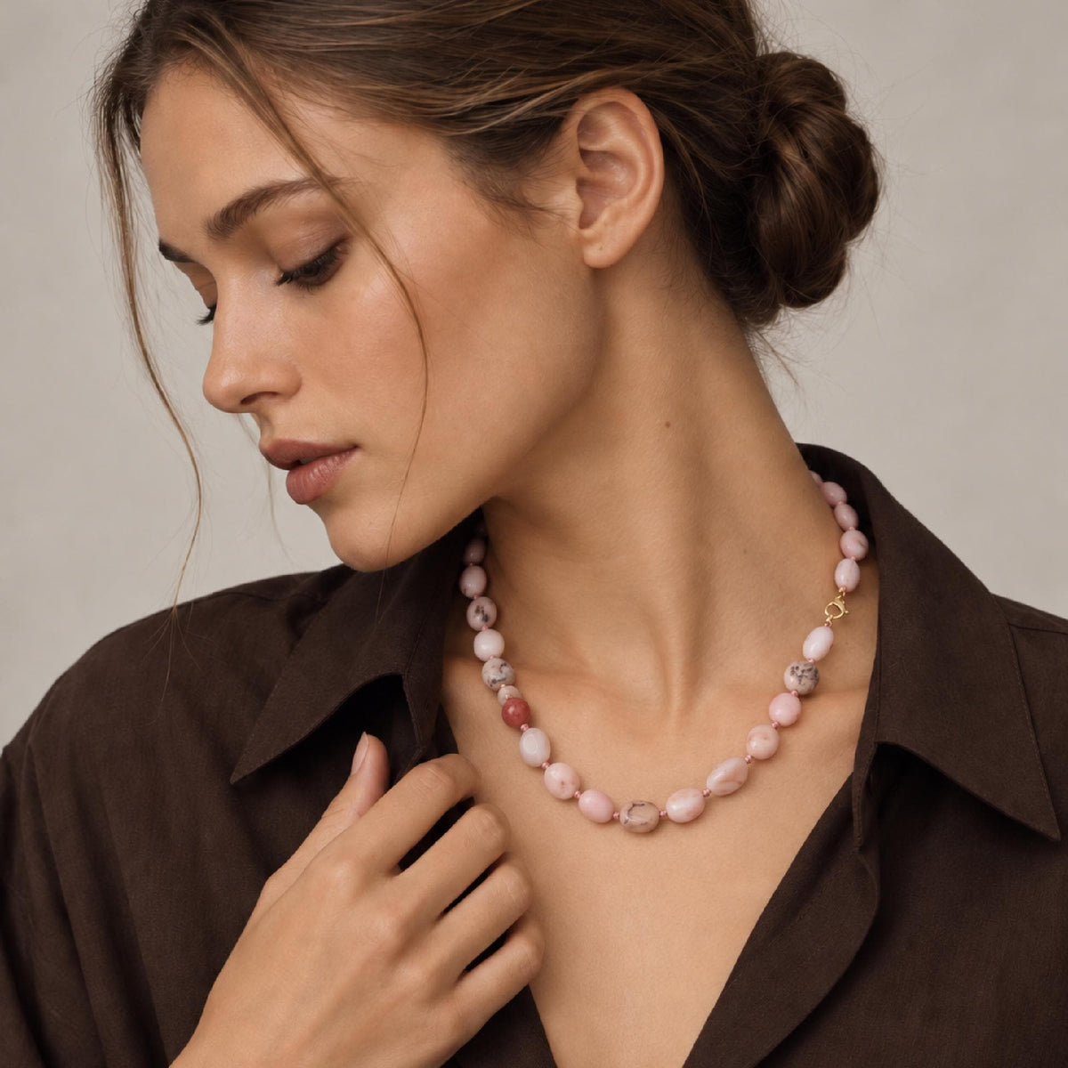 Pink Opal Necklace, Hand Knotted Silk Gemstone Necklace, Natural Pink Opal Pebble Beads, Gold Filled Necklace, October Birthstone Jewelry - Melt'm Jewelry