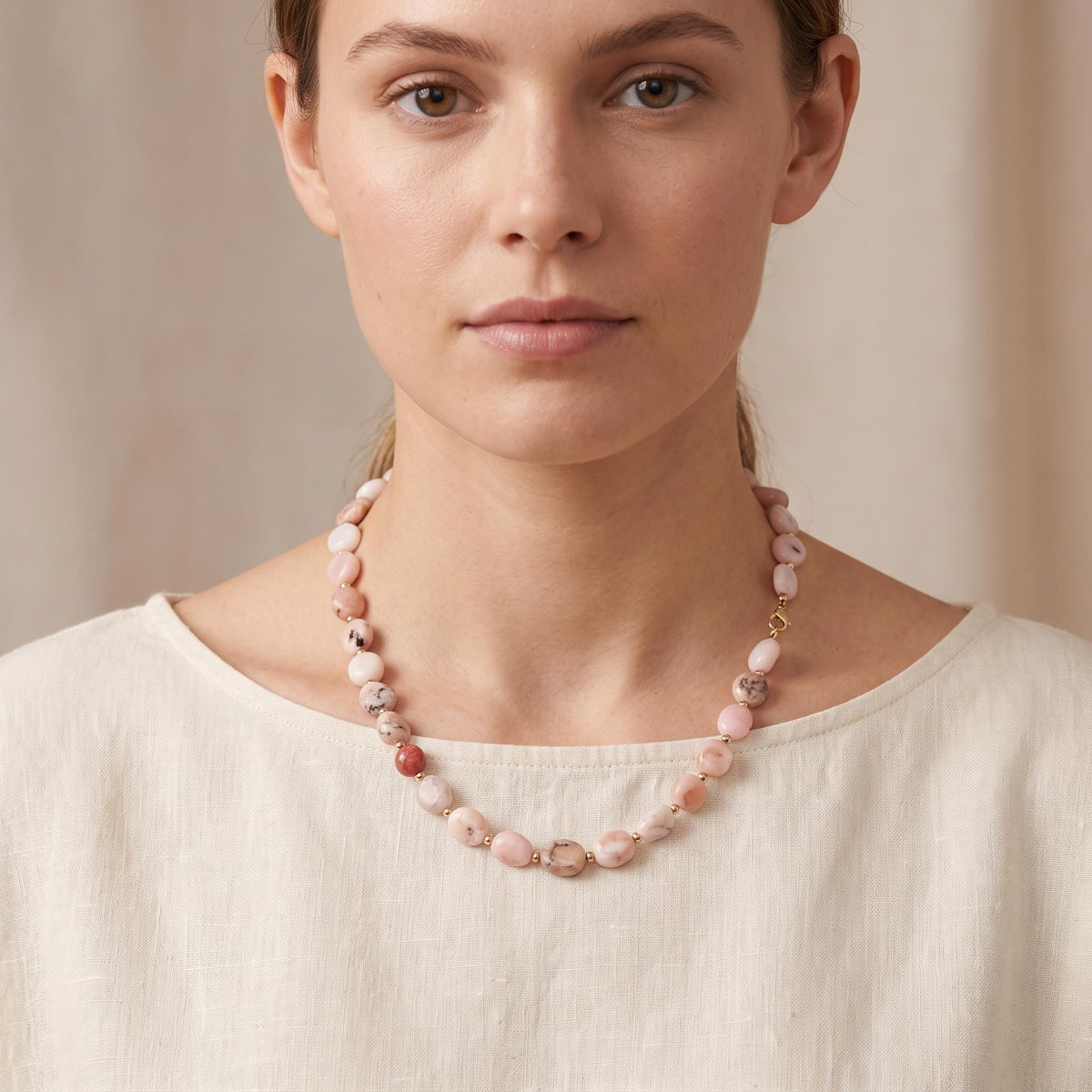 Pink Opal Necklace, Hand Knotted Silk Gemstone Necklace, Natural Pink Opal Pebble Beads, Gold Filled Necklace, October Birthstone Jewelry - Melt'm Jewelry