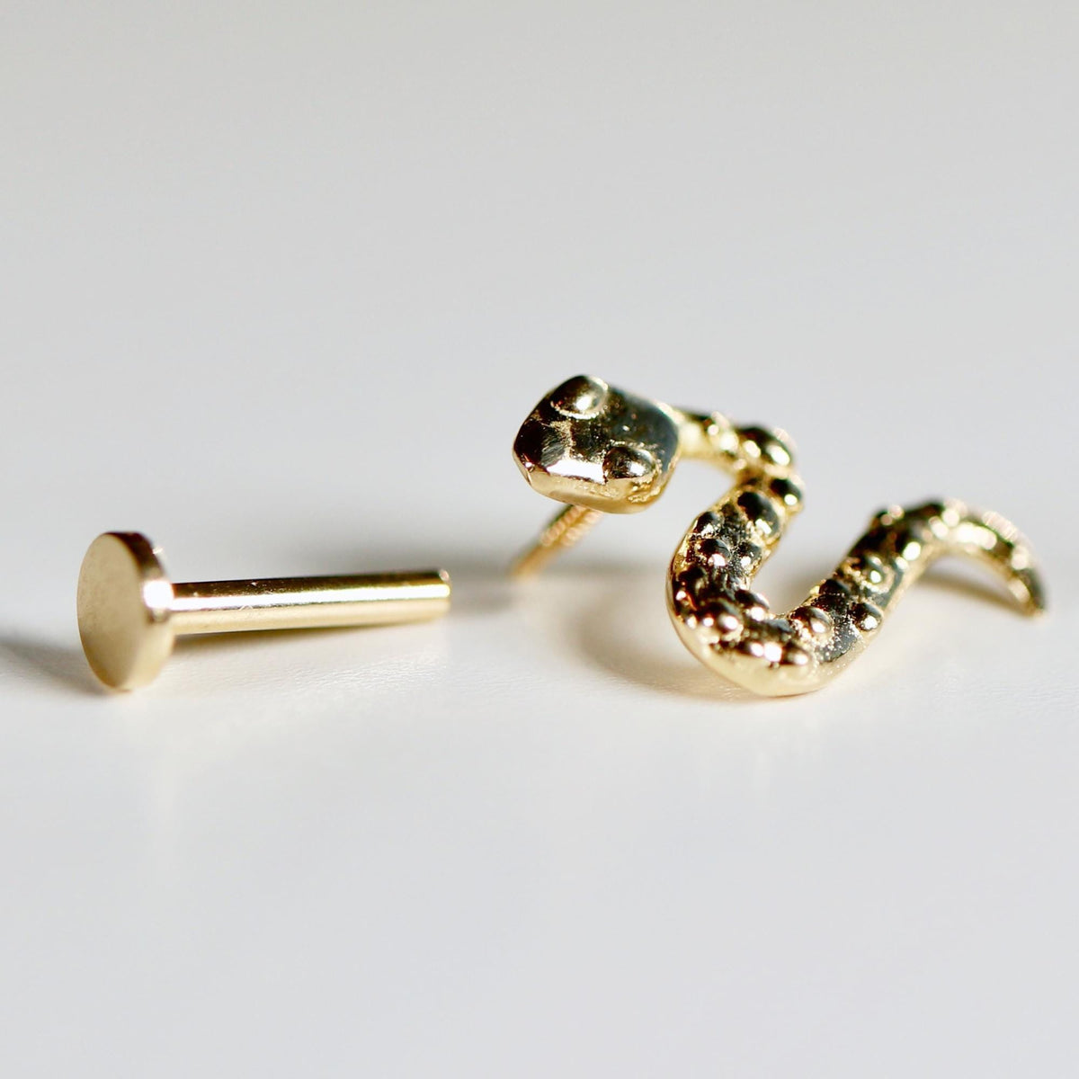 Snake Flat Back Earrings 14k Solid Gold (SINGLE OR PAIR), Serpent Stack Earrings - Melt'm Jewelry