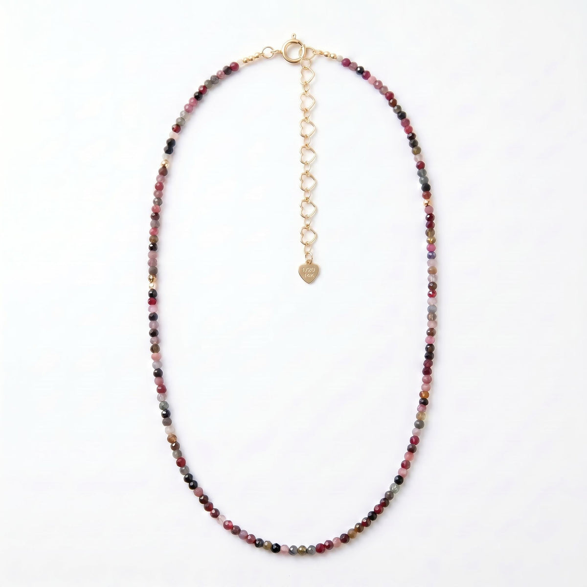 Multi Color Tourmaline Beaded Necklace, Hand Knotted Dark Pink Silk Strand - Melt'm Jewelry