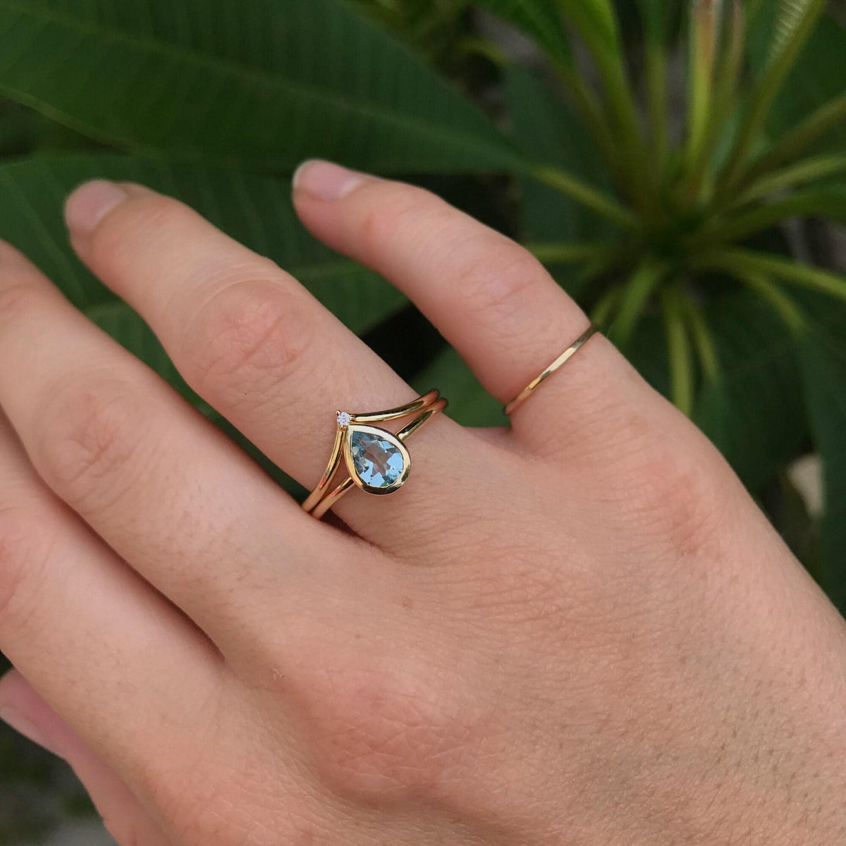 Bezel Set Pear Cut Aquamarine Ring in 14k Gold - Melt'm Jewelry