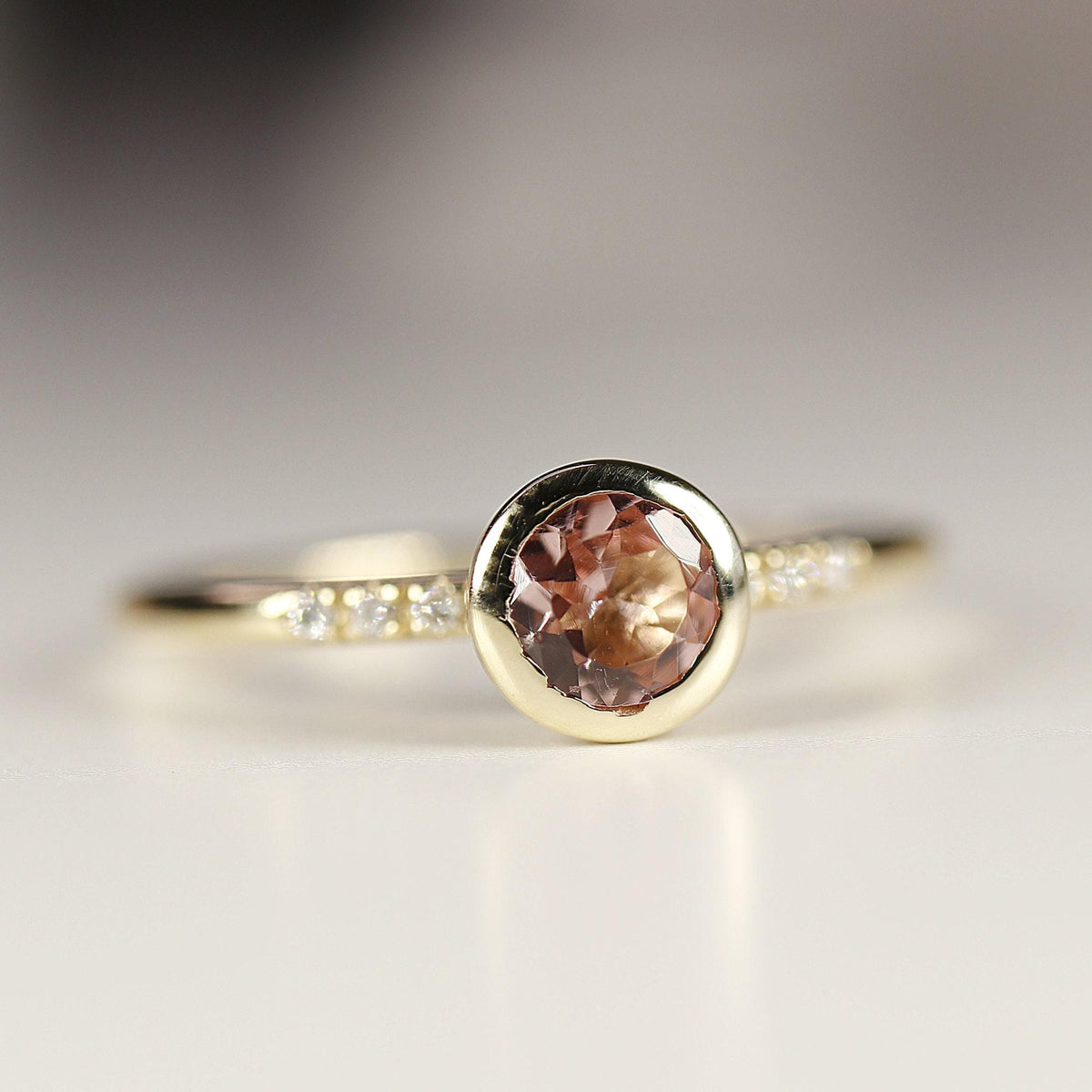 Dainty Pink Tourmaline Ring, 14k Solid Gold Blush Solitaire Ring With Diamonds - Melt'm Jewelry