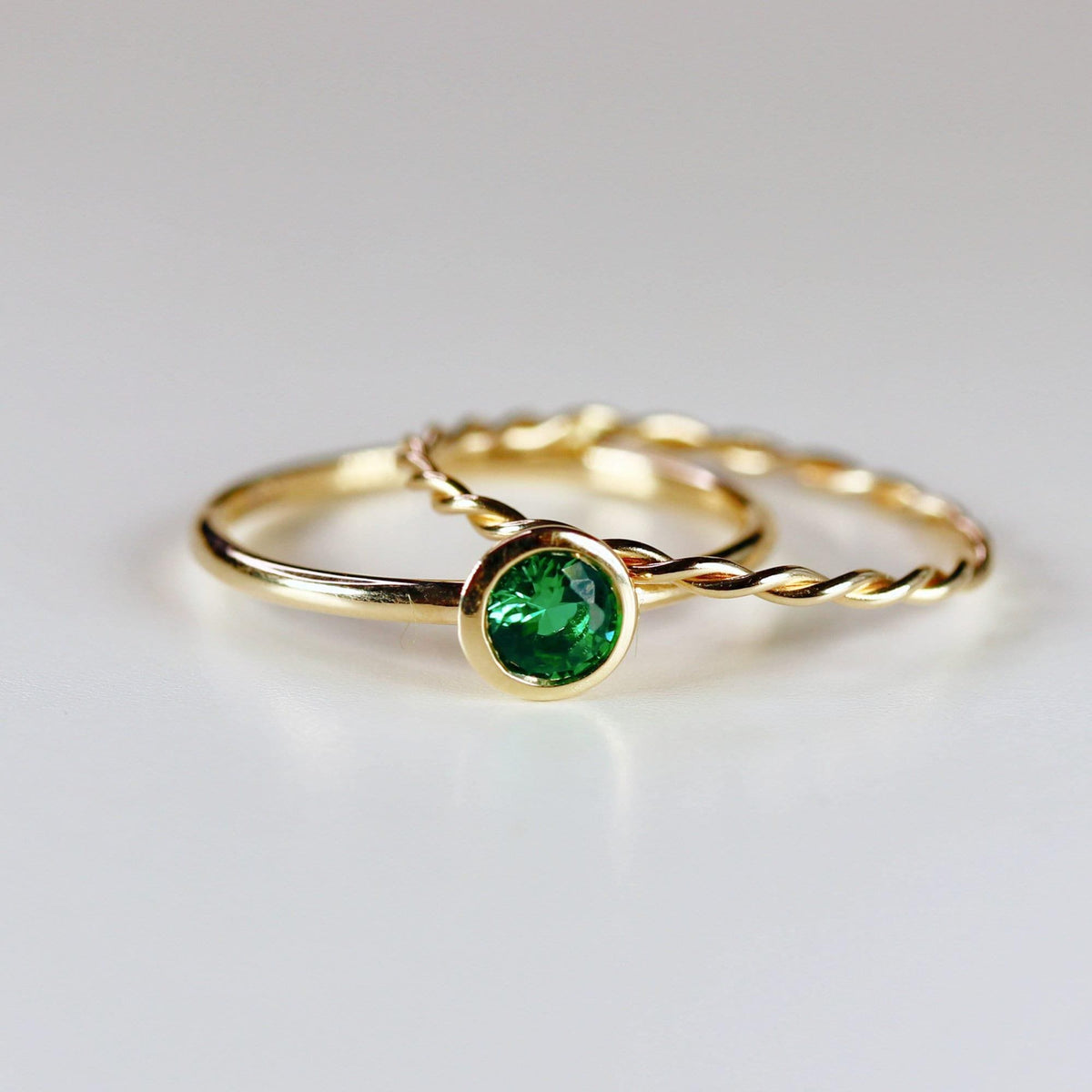 14k Gold Bezel Set Emerald Ring, Stacking Minimalist Gemstone Ring - Melt'm Jewelry