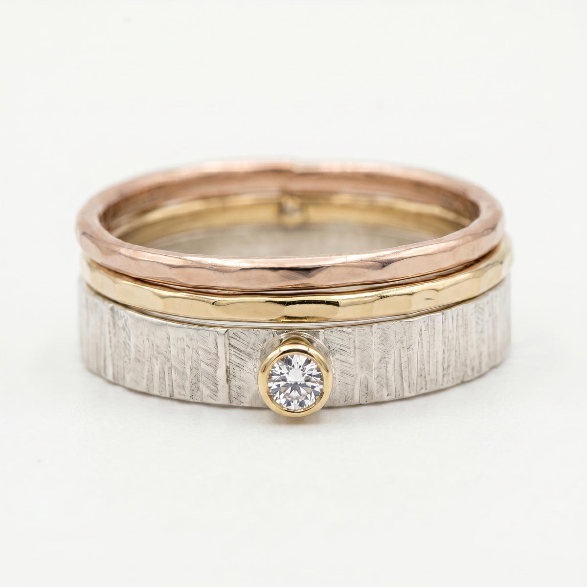 Silver, Gold and Rose Gold Set of 3 Ring with Diamond - Melt'm Jewelry