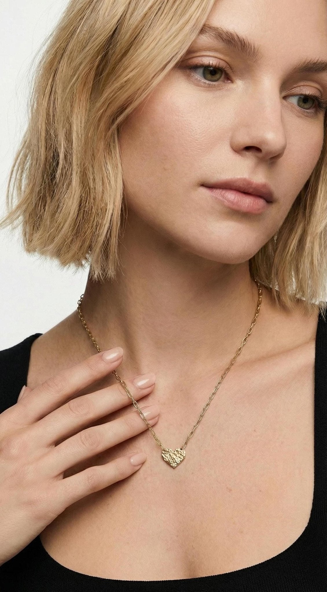 Hammered Diamond Heart Necklace 14k Solid Gold with Paperclip Chain - Melt'm Jewelry