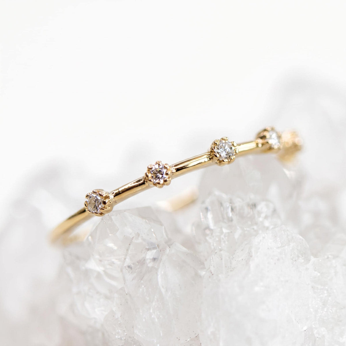 Dainty Diamond Ring 14k Solid Gold – Milgrain Bezel Set 6 Diamond Minimalist Stacking Dot Ring Gift for Her - Melt'm Jewelry