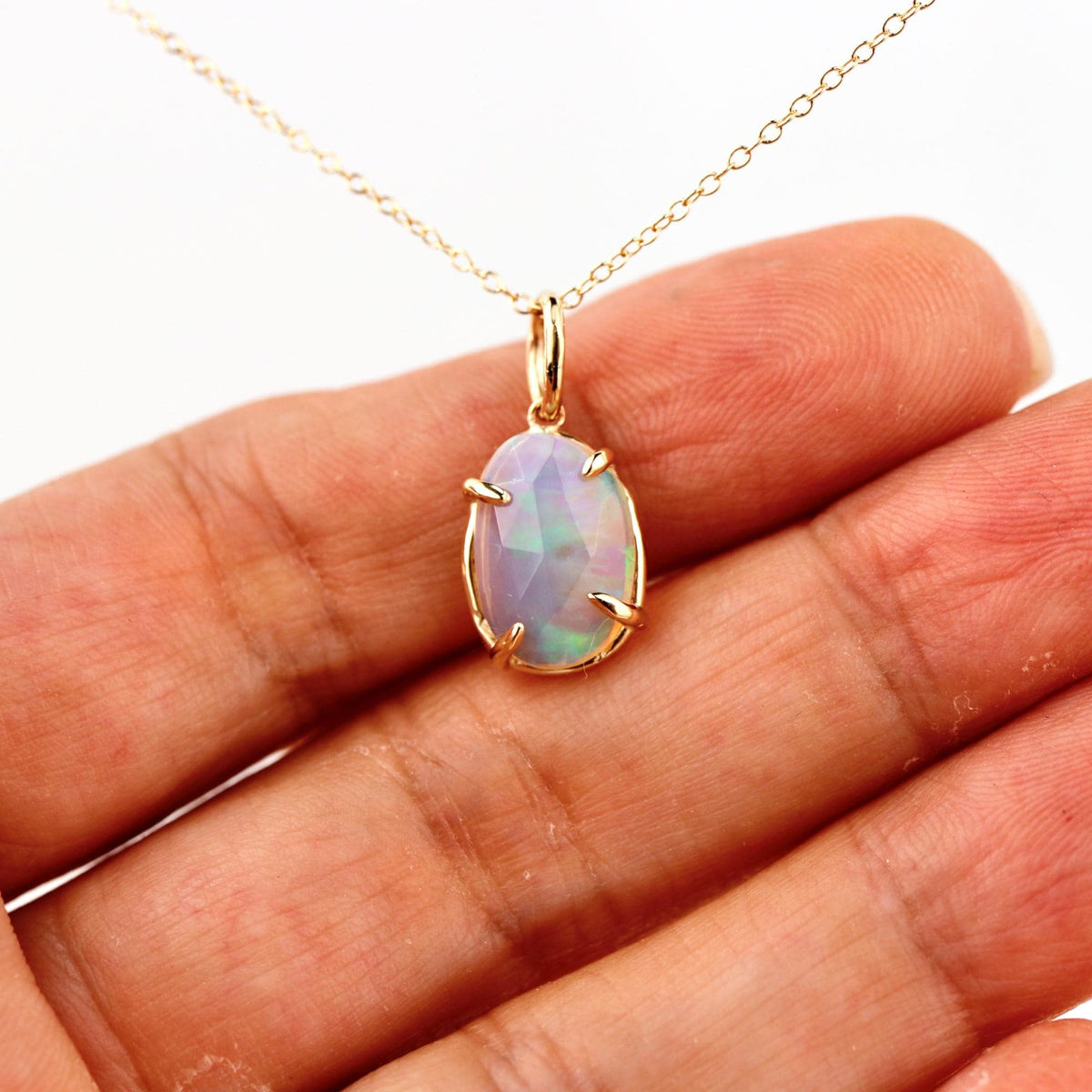 Ethiopian Opal Pendant, 12x8mm Rose Cut Opal, 14K Solid Gold Necklace, Natural Freeform Opal, Pendant Only or with Chain - Melt'm Jewelry