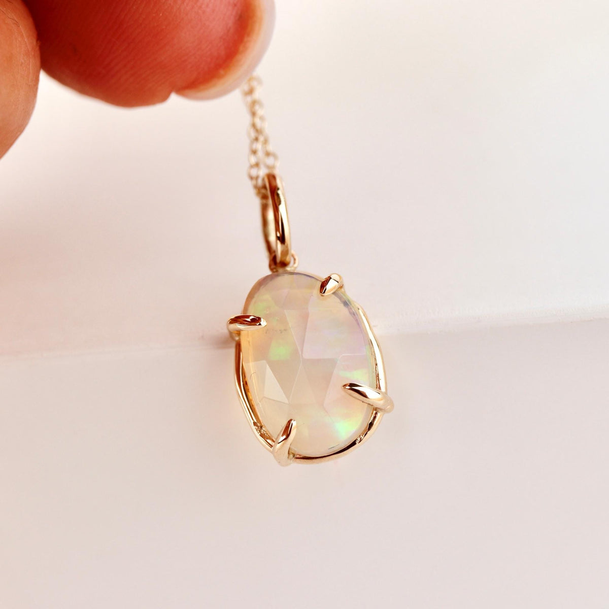 Ethiopian Opal Pendant, 12x8mm Rose Cut Opal, 14K Solid Gold Necklace, Natural Freeform Opal, Pendant Only or with Chain - Melt'm Jewelry