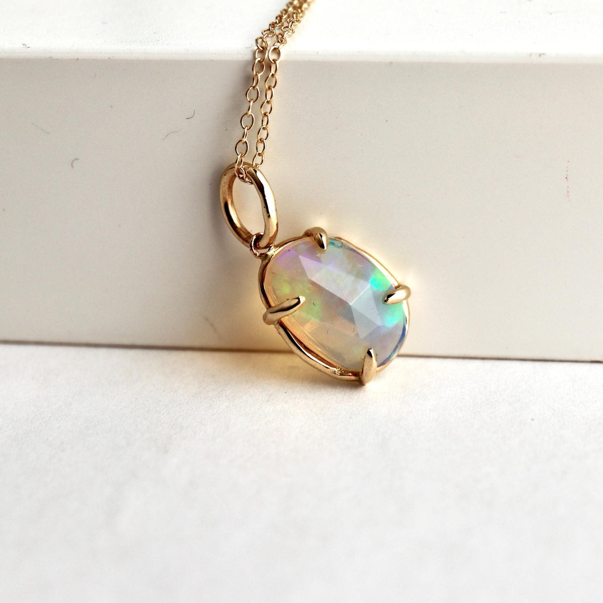 Ethiopian Opal Pendant, 12x8mm Rose Cut Opal, 14K Solid Gold Necklace, Natural Freeform Opal, Pendant Only or with Chain - Melt'm Jewelry