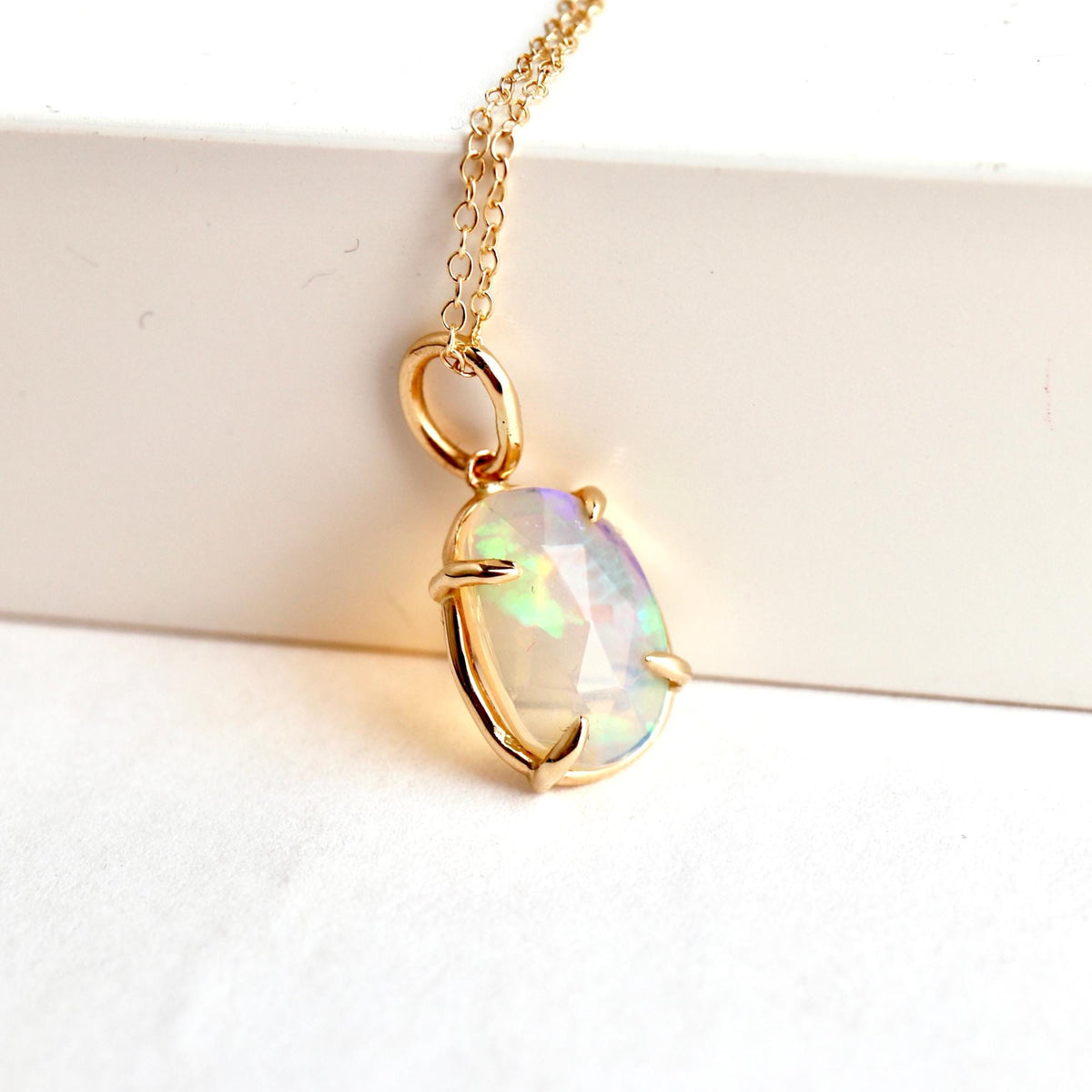 Ethiopian Opal Pendant, 12x8mm Rose Cut Opal, 14K Solid Gold Necklace, Natural Freeform Opal, Pendant Only or with Chain - Melt'm Jewelry