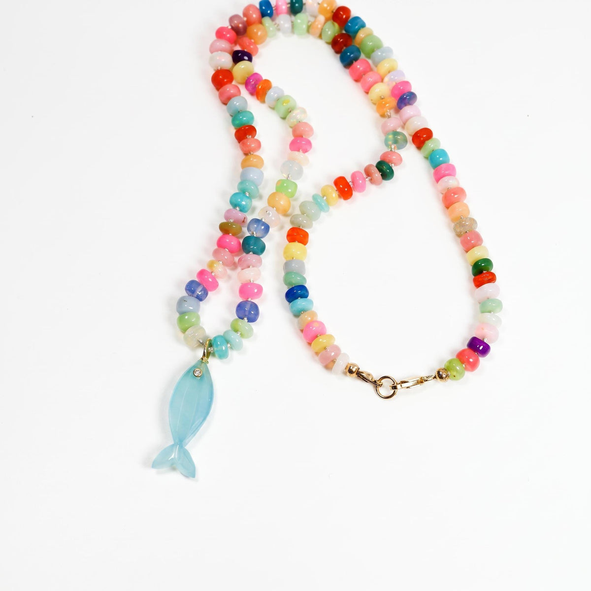 Disco Opal Silk Hand Knotted Necklace with Chalcedony Fish Charm, Gold Filled Lobster Clasp - Melt'm Jewelry