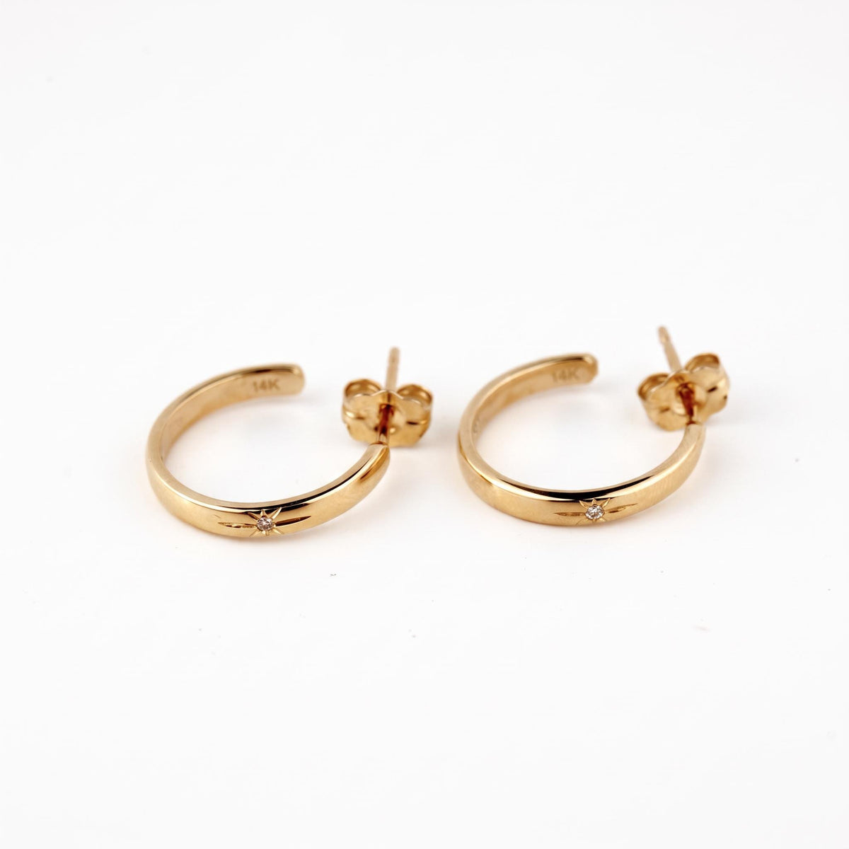 14K Solid Gold Diamond Open Hoop Earrings, C Shaped Gold Hoops, Star Set Diamond Earrings, Post Back Hoops, 14mm Gold Earrings
