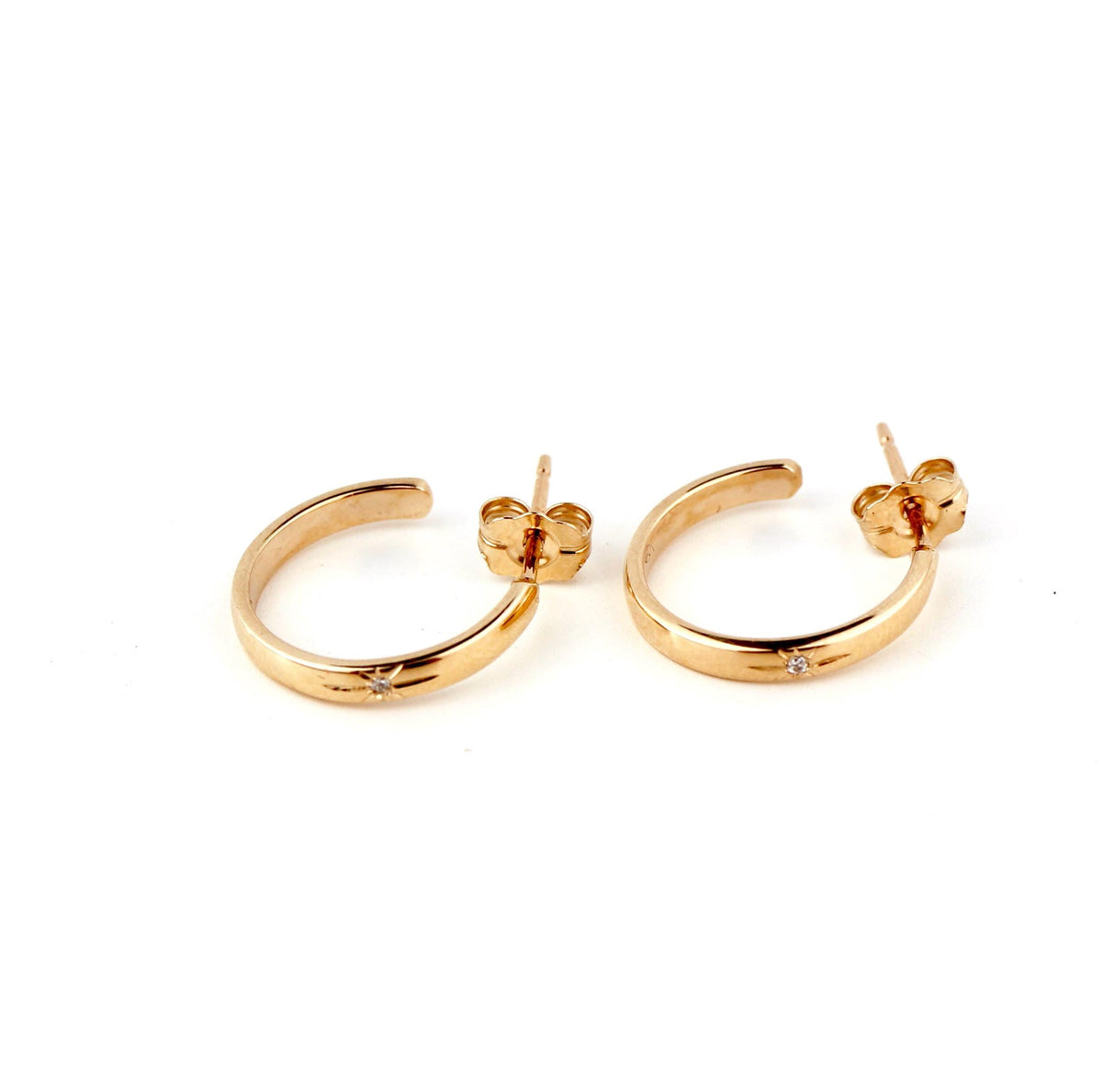14K Solid Gold Diamond Open Hoop Earrings, C Shaped Gold Hoops, Star Set Diamond Earrings, Post Back Hoops, 14mm Gold Earrings