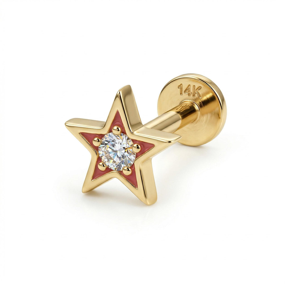 Cz Mini Star Earring 14k Solid Gold (SINGLE), Internally Threaded Flat Back Cartilage Earring - Melt'm Jewelry