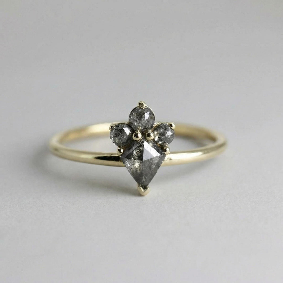 Rose Cut Kite Shape Salt and Pepper Diamond Ring in 14k Yellow Gold - Melt'm Jewelry