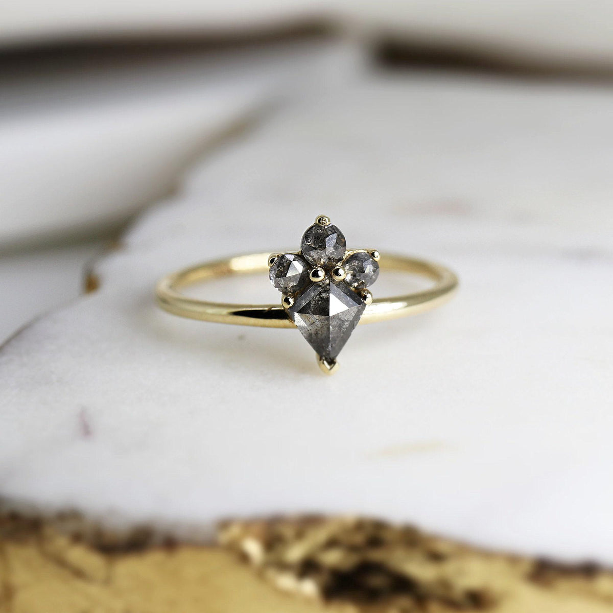 Rose Cut Kite Shape Salt and Pepper Diamond Ring in 14k Yellow Gold - Melt'm Jewelry