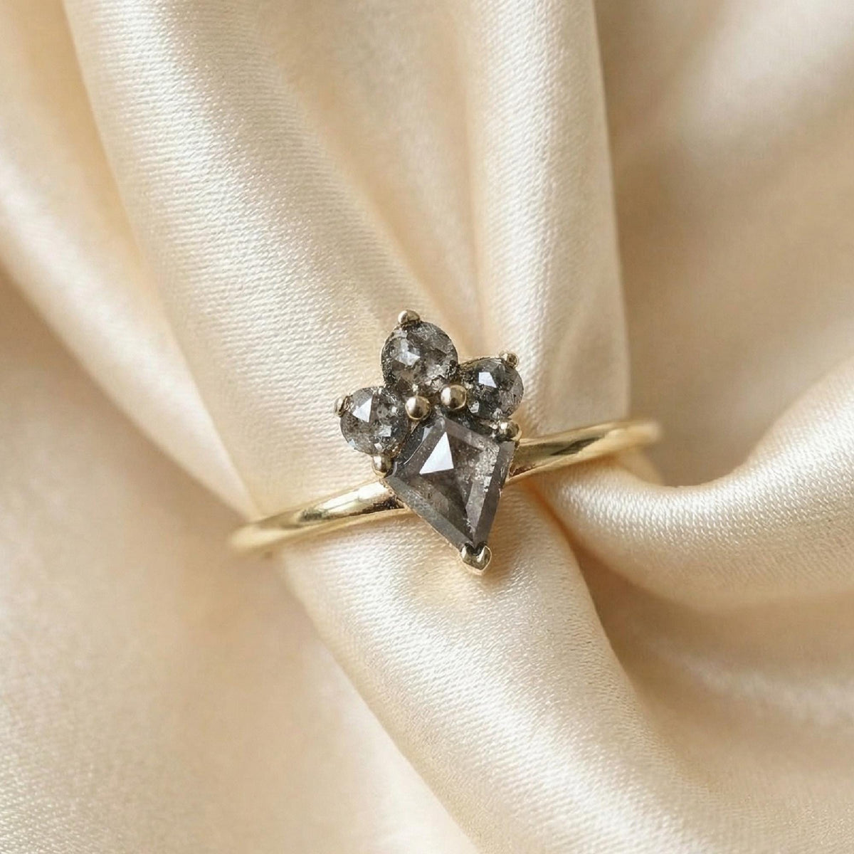 Rose Cut Kite Shape Salt and Pepper Diamond Ring in 14k Yellow Gold - Melt'm Jewelry