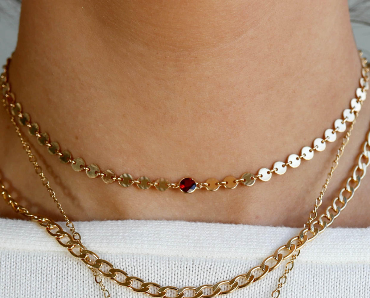 Gold Coin Chain Garnet Necklace, Garnet Choker - Melt'm Jewelry