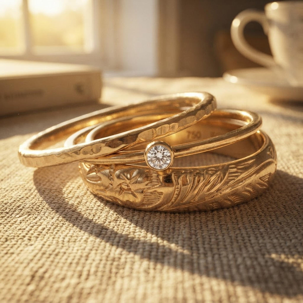 Set of 3 Gold Hammered Band Rings -Stacking Ring Set - Melt'm Jewelry