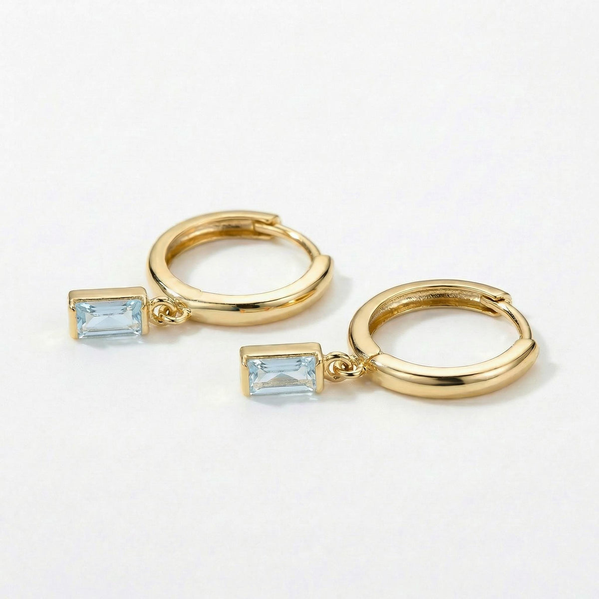 14k Gold Aquamarine Earrings, Baguette Aquamarine Dangle Hoop Earrings - Melt'm Jewelry