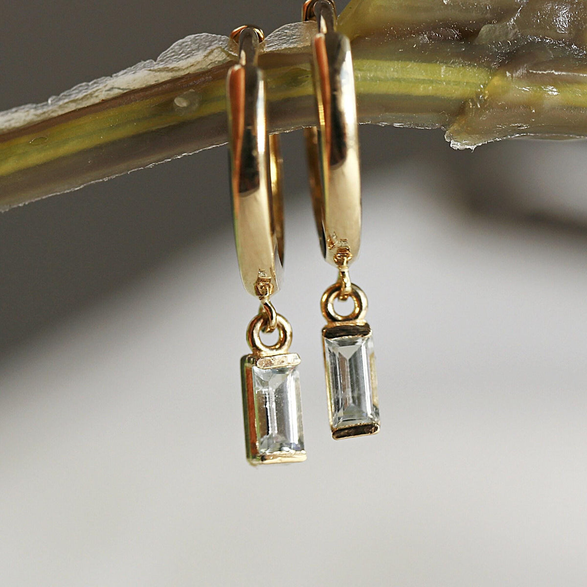 14k Gold Aquamarine Earrings, Baguette Aquamarine Dangle Hoop Earrings - Melt'm Jewelry