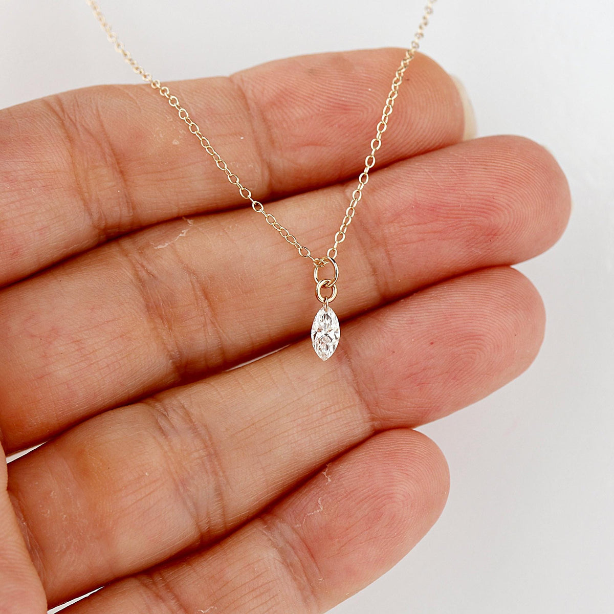 Marquise Diamond Necklace, Lab Grown Diamond Pendant, 14K Gold Floating Drilled Diamond, Dainty Solitaire Necklace - Melt'm Jewelry