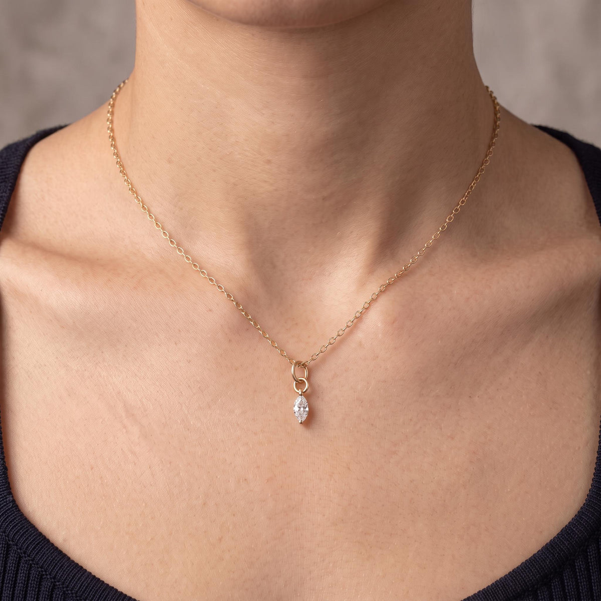 Marquise Diamond Necklace, Lab Grown Diamond Pendant, 14K Gold Floating Drilled Diamond, Dainty Solitaire Necklace - Melt'm Jewelry