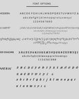 A chart displaying font options including Modern, Script, Monogram, Old English, and Gothic styles with uppercase and lowercase alphabets.