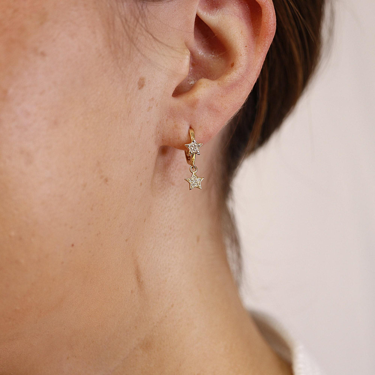 Diamond Star Huggie Hoop Earrings Dangling in 14k Gold (SINGLE OR PAIR) - Melt'm Jewelry