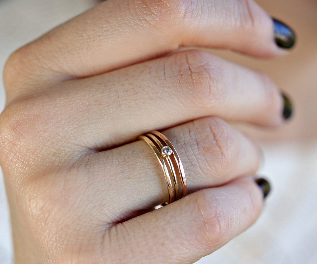 Dainty Diamond Ring 14k Solid Gold – Tiny Bezel Set Diamond Solitaire Stacking Ring - Melt'm Jewelry