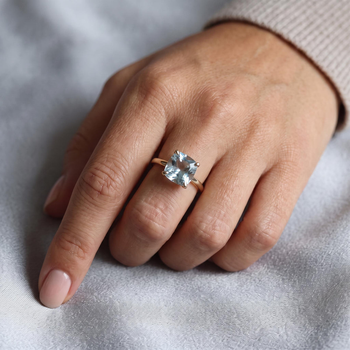 Cushion Cut Aquamarine Solitaire Ring, 2.3 Carat 8mm March Birthstone in 14K Gold, Four Prong Basket Setting - Melt'm Jewelry
