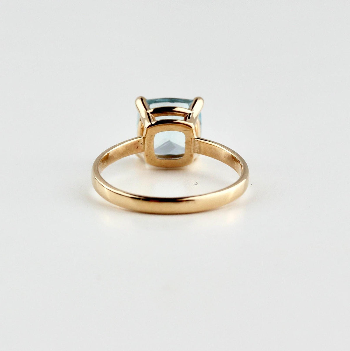 Cushion Cut Aquamarine Solitaire Ring, 2.3 Carat 8mm March Birthstone in 14K Gold, Four Prong Basket Setting - Melt'm Jewelry