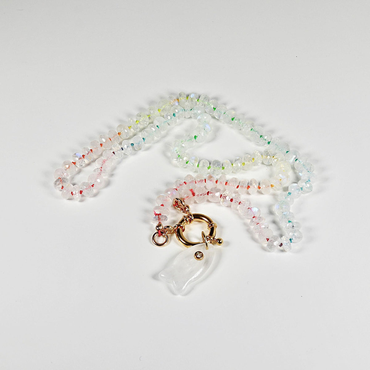 Hand Knotted Rondelle Moonstone Necklace on Rainbow Silk, Gold Filled Figure Eight Charm Holder - Melt'm Jewelry